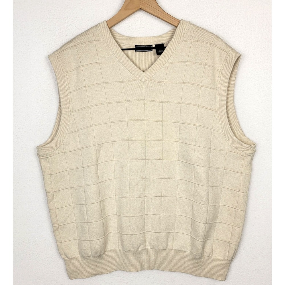 VTG‎ 90s Saddlebred Mens Sweater Vest XL Cotton Grid Beige Minimalist
